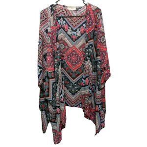 Blushed Boho Hippie Flowy Foral Paisley Patchwork Asymmetric Shawl Cover Up L